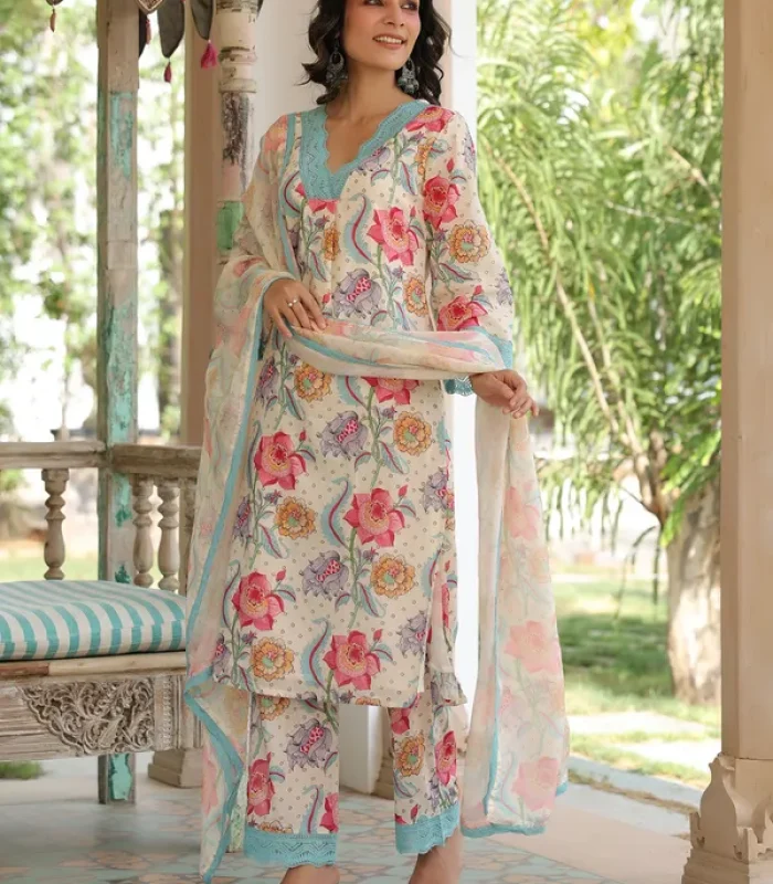 Beige Kurti Set with Abstract Leaf Print & Rama Blue Accents | Contemporary Festive Wear | Muslin Comfort